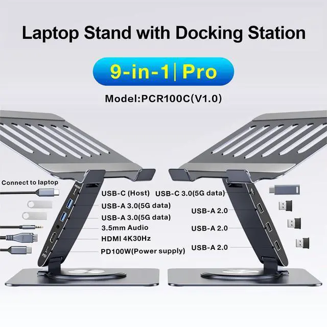 Alt view image 2 of 7 - Laptop Docking Station Stand Dual Display 4K HDMI USB3.0 3.5mm Audio Jack 9-IN-1 360° Swivel Laptop Stand for Desk with USB-C Hub Multiport Adapter Universal for MacBook Pro/Air/Dell/HP/Surface/Lenovo