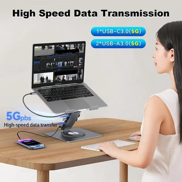 Alt view image 3 of 7 - Laptop Docking Station Stand Dual Display 4K HDMI USB3.0 3.5mm Audio Jack 9-IN-1 360° Swivel Laptop Stand for Desk with USB-C Hub Multiport Adapter Universal for MacBook Pro/Air/Dell/HP/Surface/Lenovo