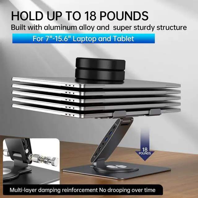 Alt view image 7 of 7 - Laptop Docking Station Stand Dual Display 4K HDMI USB3.0 3.5mm Audio Jack 9-IN-1 360° Swivel Laptop Stand for Desk with USB-C Hub Multiport Adapter Universal for MacBook Pro/Air/Dell/HP/Surface/Lenovo