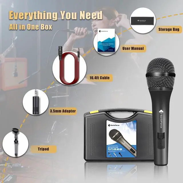 Alt view image 6 of 7 - SonixForce Professional Dynamic Microphone for Singing Karaoke Microphone with 16ft XLR to 1/4'' Audio Cable, Vocal Handheld Mic for Podcast Mixer Amplifier PA System