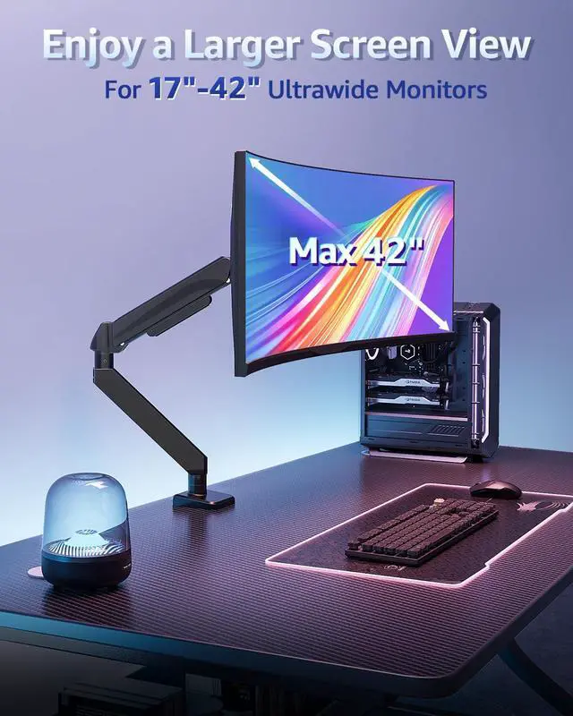 Alt view image 5 of 7 - Heavy Duty Single Monitor Arm for 42 40 39 34 32 27Inch Screens, Monitor Stand for Desk Supports 4.4-33 lbs, Height Adjustable Ultrawide Monitors Mount with C-Clamp & Grommet Base