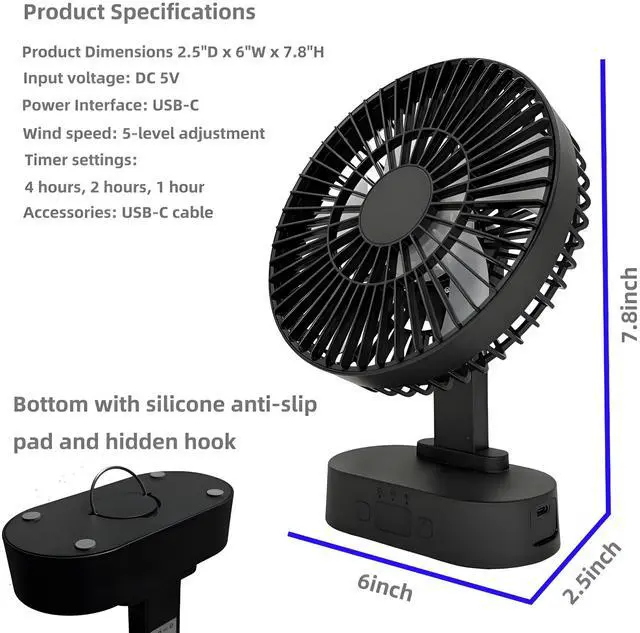 Alt view image 4 of 7 - USB Small Mini Quiet Desk Fan 6-Inch Size, 5-Speed Adjustable Wind Strength with Digital Display, 3-Level Timer Auto Shut-Off, and 90-Degree Rotation (Black)
