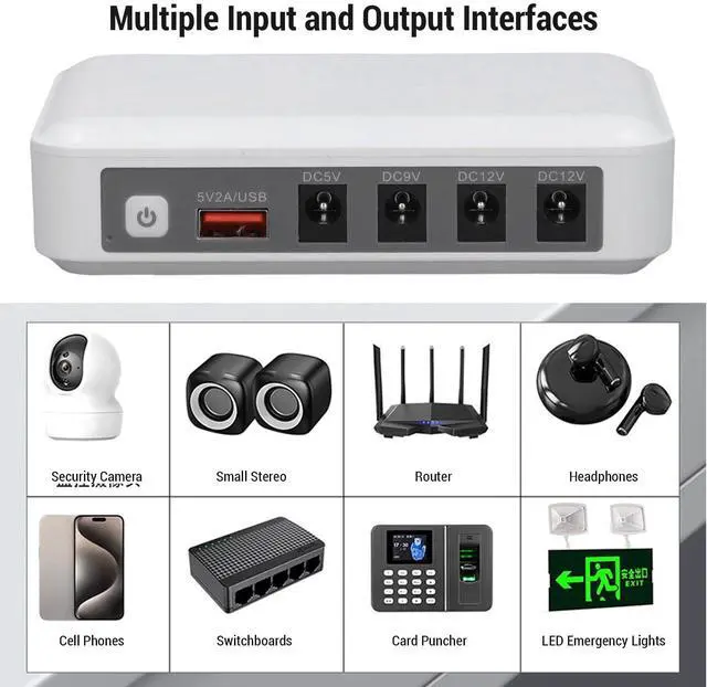Alt view image 3 of 7 - Mini UPS Battery Backup 6000mAh, Uninterruptible Power Supply with DC 5V/9V/12V Outputs, Compatible with WiFi Routers, Modems, Security Cameras, Fingerprint Scanners, Smartphones (White)