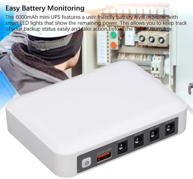 Alt view image 7 of 7 - Mini UPS Battery Backup 6000mAh, Uninterruptible Power Supply with DC 5V/9V/12V Outputs, Compatible with WiFi Routers, Modems, Security Cameras, Fingerprint Scanners, Smartphones (White)