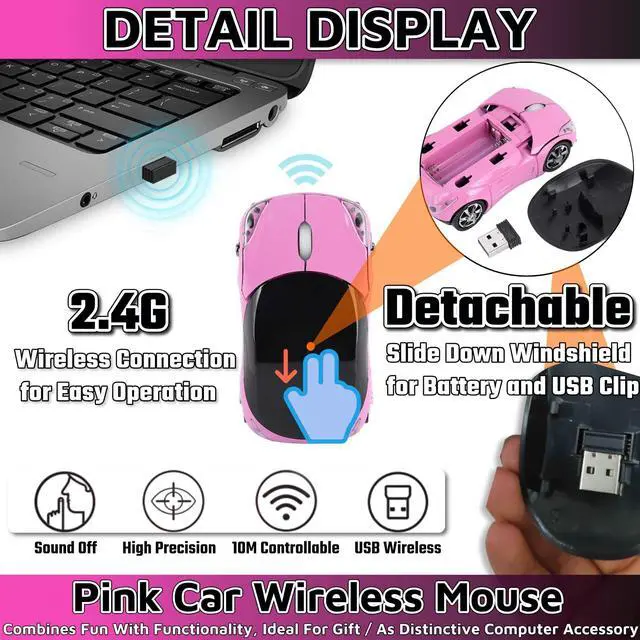 Alt view image 2 of 6 - Pink Wireless Car Mouse - 2.4G Wireless with USB Receiver, Optical Mouse for PC, Laptop, Tablet - Win XP/Vista/7/ME/2000/Mac OS Pink Mouse for Her for Christmas