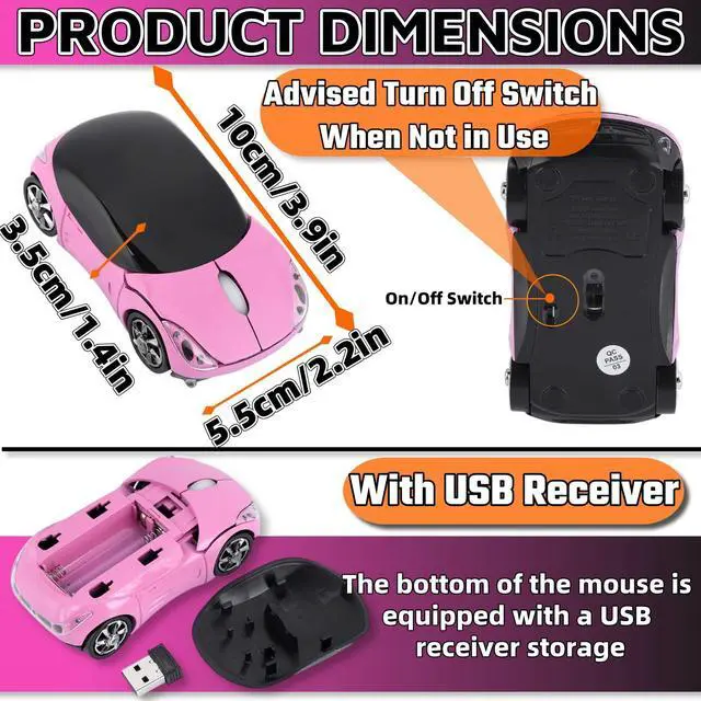 Alt view image 3 of 6 - Pink Wireless Car Mouse - 2.4G Wireless with USB Receiver, Optical Mouse for PC, Laptop, Tablet - Win XP/Vista/7/ME/2000/Mac OS Pink Mouse for Her for Christmas