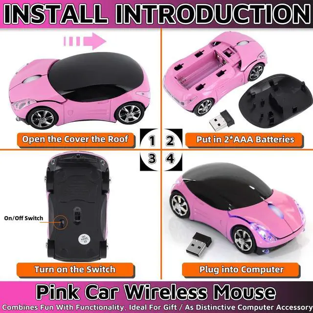 Alt view image 4 of 6 - Pink Wireless Car Mouse - 2.4G Wireless with USB Receiver, Optical Mouse for PC, Laptop, Tablet - Win XP/Vista/7/ME/2000/Mac OS Pink Mouse for Her for Christmas