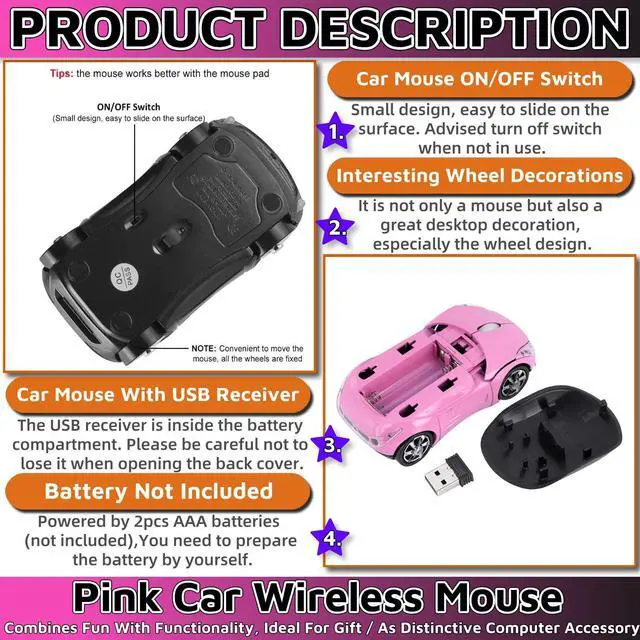 Alt view image 5 of 6 - Pink Wireless Car Mouse - 2.4G Wireless with USB Receiver, Optical Mouse for PC, Laptop, Tablet - Win XP/Vista/7/ME/2000/Mac OS Pink Mouse for Her for Christmas