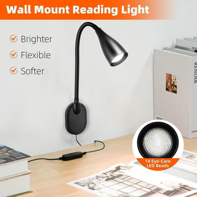 Alt view image 2 of 7 - Wall-Mounted LED Bedside Reading Light with USB Charging Port, 10-Level Dimmable & Adjustable 5 Color, Plug-in Adhesive Night Lamp for Books in Bed, Eye-Caring Bedroom Lighting (Black)