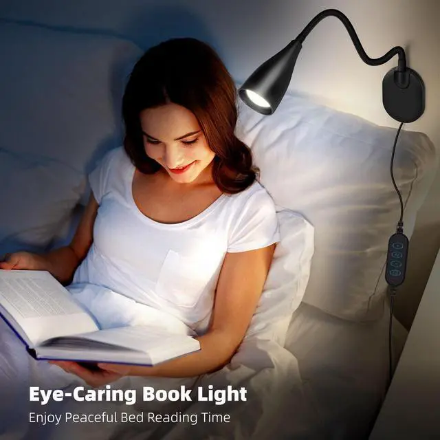 Alt view image 5 of 7 - Wall-Mounted LED Bedside Reading Light with USB Charging Port, 10-Level Dimmable & Adjustable 5 Color, Plug-in Adhesive Night Lamp for Books in Bed, Eye-Caring Bedroom Lighting (Black)