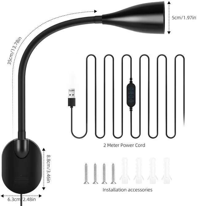 Alt view image 6 of 7 - Wall-Mounted LED Bedside Reading Light with USB Charging Port, 10-Level Dimmable & Adjustable 5 Color, Plug-in Adhesive Night Lamp for Books in Bed, Eye-Caring Bedroom Lighting (Black)