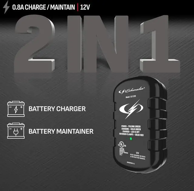 Alt view image 2 of 7 - 0.8A Car Battery Charger and Maintainer, 2-in-1 Solution, for 12V Power Sport, Automotive, and Marine Batteries, SC1299