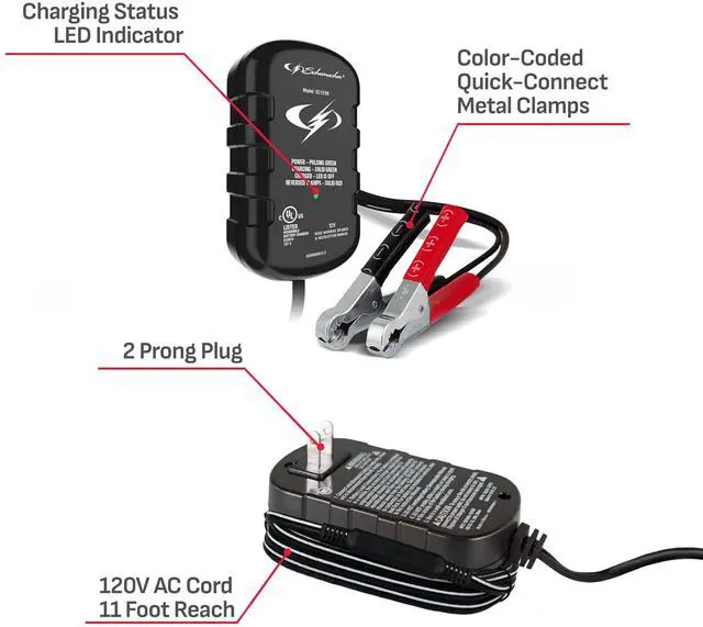Alt view image 6 of 7 - 0.8A Car Battery Charger and Maintainer, 2-in-1 Solution, for 12V Power Sport, Automotive, and Marine Batteries, SC1299