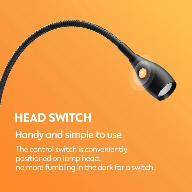 Alt view image 3 of 7 - Wall Mounted Minimalist Bedside Reading Light, Wooden Headboard Mount Flexible Neck Book Light, Handy Lamp Head Switch, CRI 98+ 4000K LED, Powered by USB