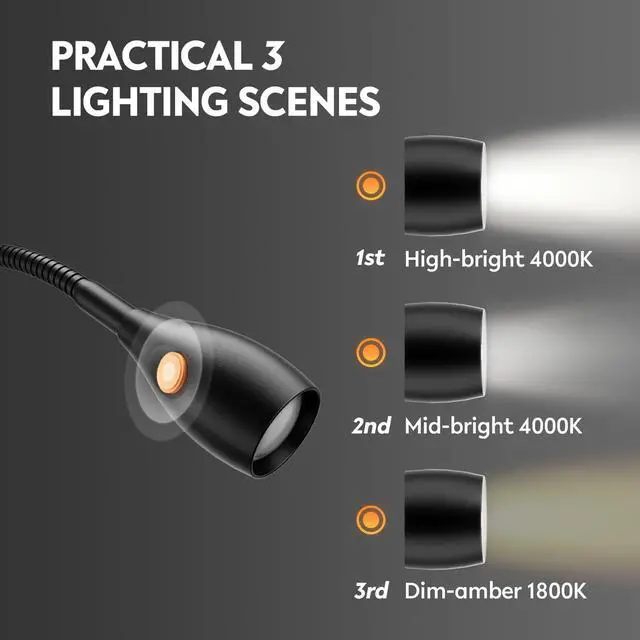 Alt view image 5 of 7 - Wall Mounted Minimalist Bedside Reading Light, Wooden Headboard Mount Flexible Neck Book Light, Handy Lamp Head Switch, CRI 98+ 4000K LED, Powered by USB