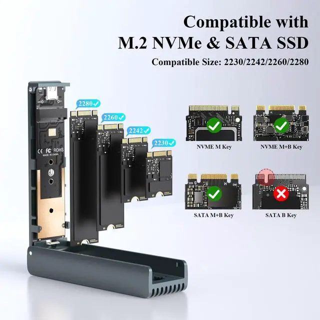 Alt view image 4 of 7 - NVMe Enclosure with Cooling Fan, Tool-Free Installation,Full Aluminum Alloy, Sandwich Style Design, USB 3.2 Gen 2 PCIe Adapter for M & M+B Key NVMe/SATA M.2 SSD Case for 2230/2242/2260/2280