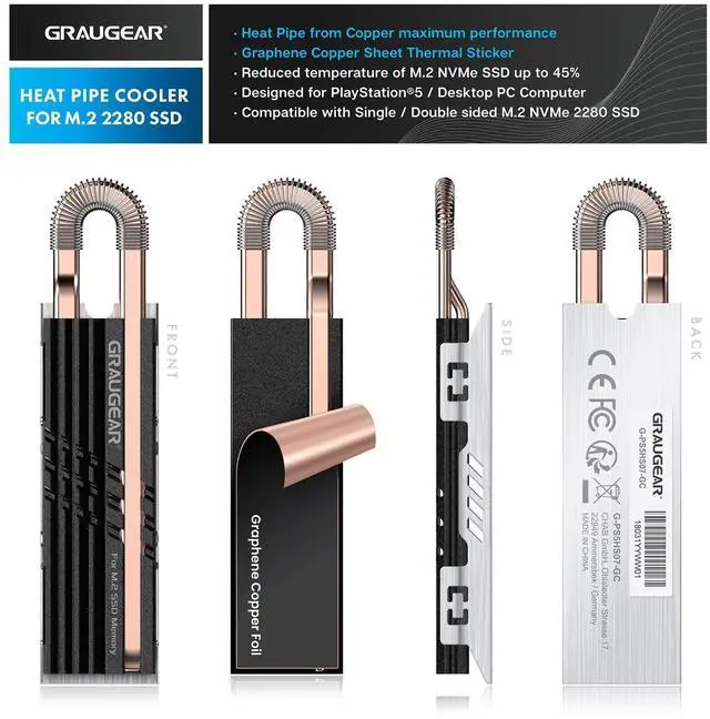 Alt view image 2 of 7 - Heat Pipe Cooler for M.2 SSD Memory Extension, M.2 2280 NVMe SSD Heatsink, Pure Copper Heat Pipe, Premium Aluminum Plate-Fin Design, Thermally Conductive Graphite on Copper Foil