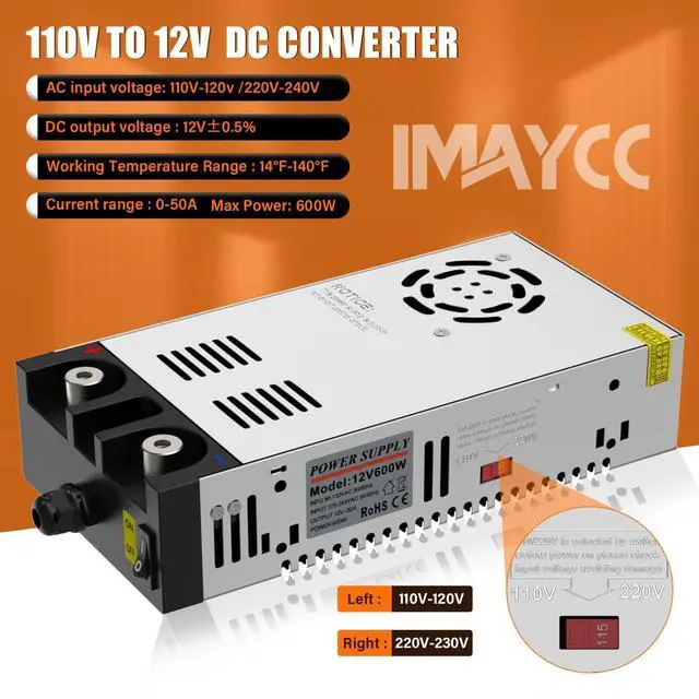 Alt view image 2 of 7 - 12V Power Supply,110V to 12V DC Converter, AC to DC Converter 600W 50A, Power Supply for Diesel Heater