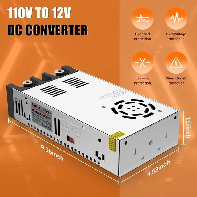 Alt view image 6 of 7 - 12V Power Supply,110V to 12V DC Converter, AC to DC Converter 600W 50A, Power Supply for Diesel Heater