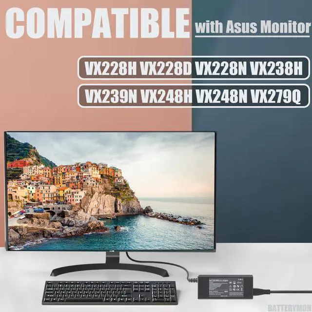 Alt view image 2 of 6 - 19V Monitor Power Adapter Cord Compatible with Asus VG278Q VG278 VG279 VG279Q VG245H VG245 VG248QE VX248 VX248H VX228H VX279H MX239H MX279H LS246H LCD Asus 27'' 24'' 23'' 22'' Gaming Monitor Charger
