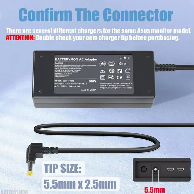 Alt view image 3 of 6 - 19V Monitor Power Adapter Cord Compatible with Asus VG278Q VG278 VG279 VG279Q VG245H VG245 VG248QE VX248 VX248H VX228H VX279H MX239H MX279H LS246H LCD Asus 27'' 24'' 23'' 22'' Gaming Monitor Charger