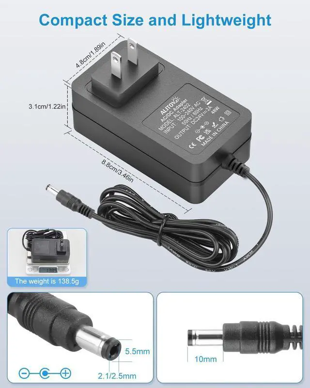 Alt view image 3 of 7 - 24 Volt Power Supply 2A 48W 24V Transformer Power Cord AC to DC Adapter 100-240V to 24V 2 Amp 1500mA 1A Converter 5.5x2.5mm for LED Strip Light CCTV Camera DC Pump, 6.2FT