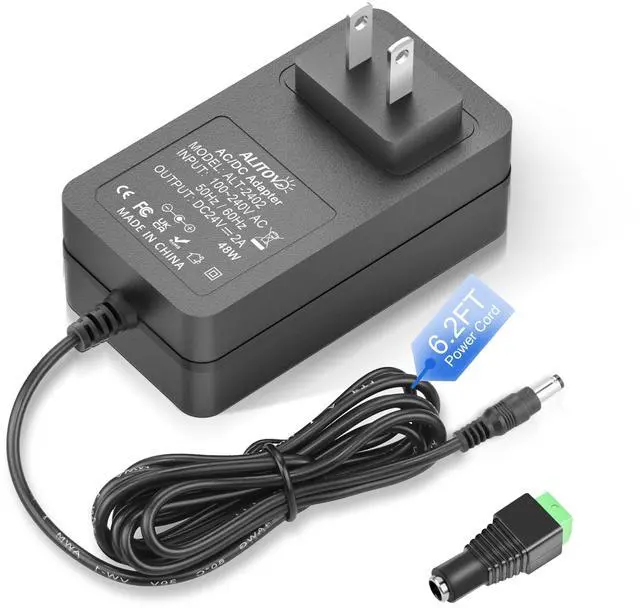 Main image of 24 Volt Power Supply 2A 48W 24V Transformer Power Cord AC to DC Adapter 100-240V to 24V 2 Amp 1500mA 1A Converter 5.5x2.5mm for LED Strip Light CCTV Camera DC Pump, 6.2FT