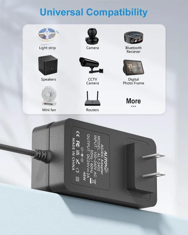 Alt view image 7 of 7 - 24 Volt Power Supply 2A 48W 24V Transformer Power Cord AC to DC Adapter 100-240V to 24V 2 Amp 1500mA 1A Converter 5.5x2.5mm for LED Strip Light CCTV Camera DC Pump, 6.2FT