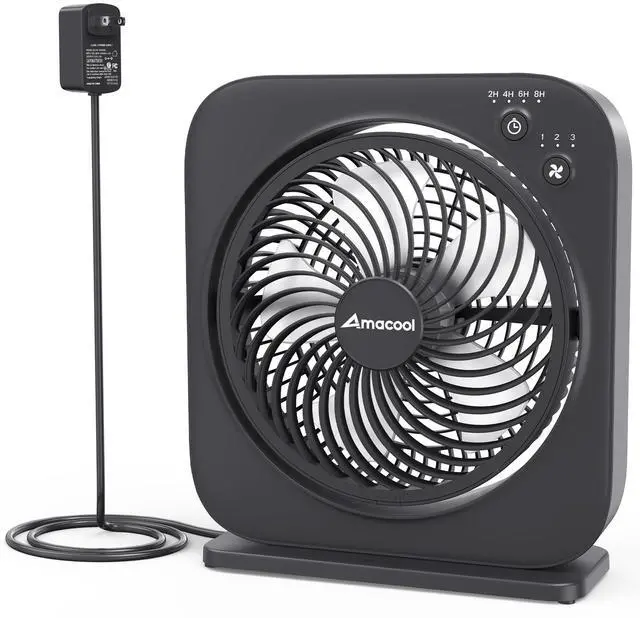 Main image of Table Fan, 12 inch Box Fan with 3 Speeds & 8HRS Timer, 270° Pivoting Quiet Air Circulator, Desktop Fan for Bedroom Bathroom Kitchen Office, AC Adapter Included, Co-Branded with Cmyfato-Black