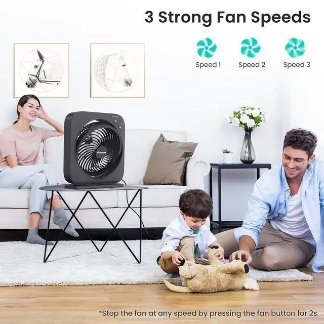 Alt view image 2 of 7 - Table Fan, 12 inch Box Fan with 3 Speeds & 8HRS Timer, 270° Pivoting Quiet Air Circulator, Desktop Fan for Bedroom Bathroom Kitchen Office, AC Adapter Included, Co-Branded with Cmyfato-Black