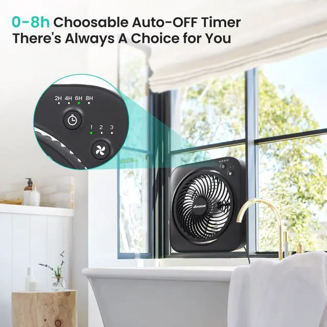 Alt view image 4 of 7 - Table Fan, 12 inch Box Fan with 3 Speeds & 8HRS Timer, 270° Pivoting Quiet Air Circulator, Desktop Fan for Bedroom Bathroom Kitchen Office, AC Adapter Included, Co-Branded with Cmyfato-Black