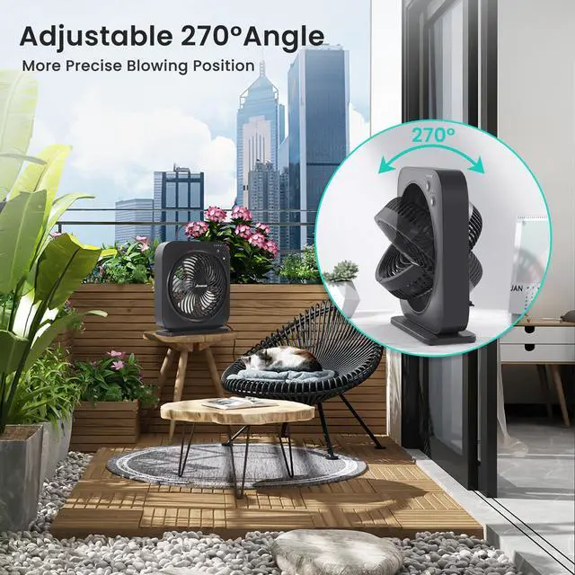 Alt view image 5 of 7 - Table Fan, 12 inch Box Fan with 3 Speeds & 8HRS Timer, 270° Pivoting Quiet Air Circulator, Desktop Fan for Bedroom Bathroom Kitchen Office, AC Adapter Included, Co-Branded with Cmyfato-Black