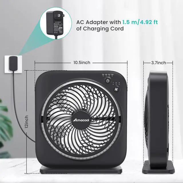 Alt view image 7 of 7 - Table Fan, 12 inch Box Fan with 3 Speeds & 8HRS Timer, 270° Pivoting Quiet Air Circulator, Desktop Fan for Bedroom Bathroom Kitchen Office, AC Adapter Included, Co-Branded with Cmyfato-Black
