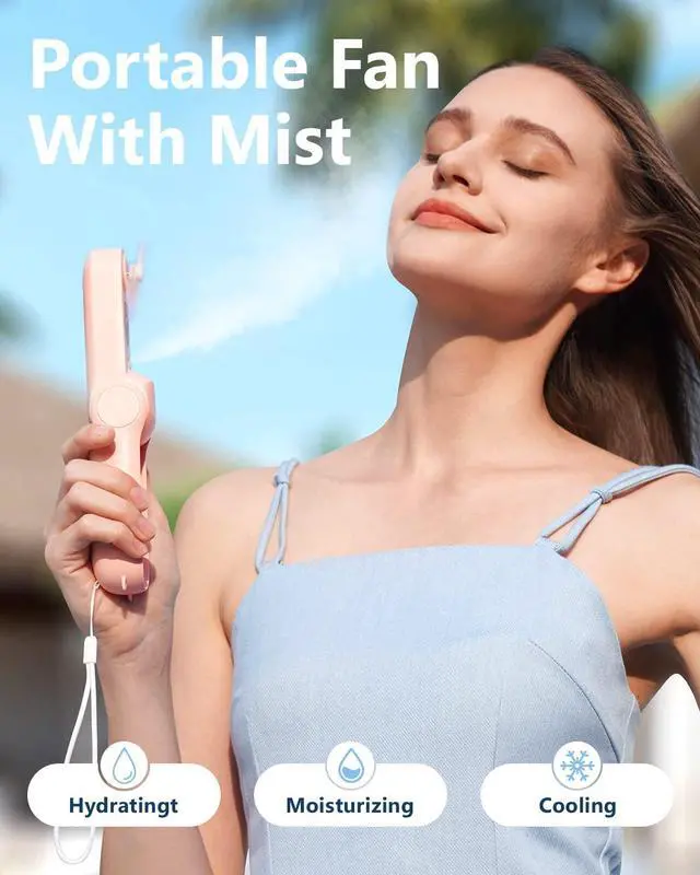 Alt view image 2 of 7 - Misting Fan Portable, Handheld Personal Mister Fans, Small Fan Rechargeable, Mini Spray Water Mist, Kids Women Portable Fans For Travel, Outdoors, Hiking, Camping Home Office (Pink)