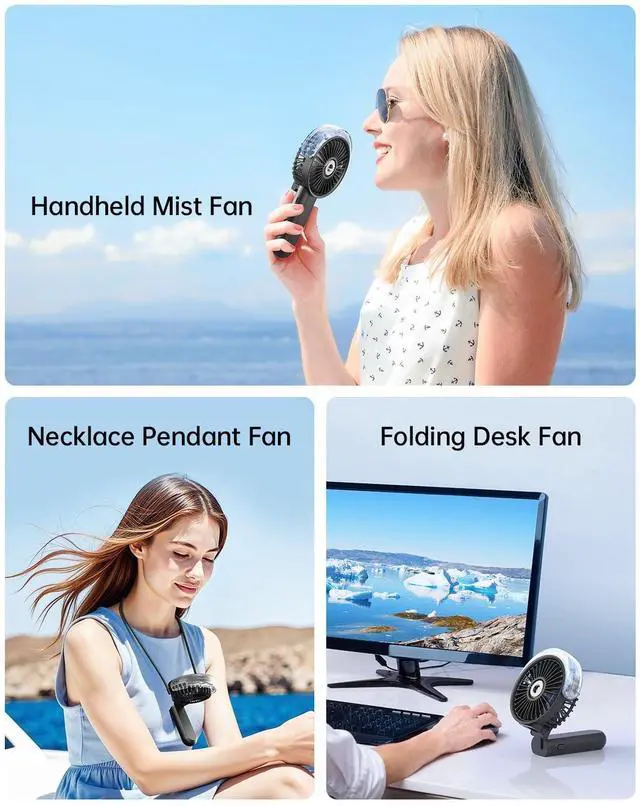 Alt view image 6 of 7 - Portable Misting Fan - 180° Foldable Handheld Personal Fan with Mist Spray, 3 Speeds, 30ml Water Tank, USB Rechargeable for Travel, Outdoors, Makeup, Camping, Home, and Office Use