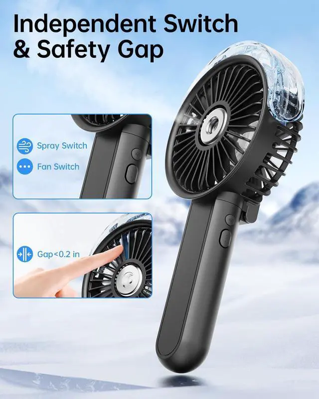 Alt view image 5 of 7 - Portable Misting Fan - 180° Foldable Handheld Personal Fan with Mist Spray, 3 Speeds, 30ml Water Tank, USB Rechargeable for Travel, Outdoors, Makeup, Camping, Home, and Office Use