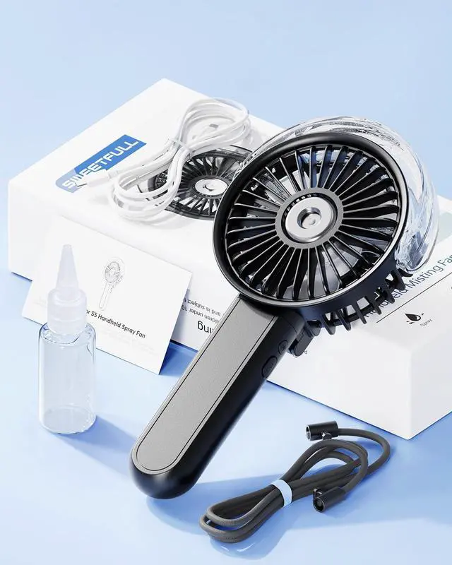 Alt view image 7 of 7 - Portable Misting Fan - 180° Foldable Handheld Personal Fan with Mist Spray, 3 Speeds, 30ml Water Tank, USB Rechargeable for Travel, Outdoors, Makeup, Camping, Home, and Office Use