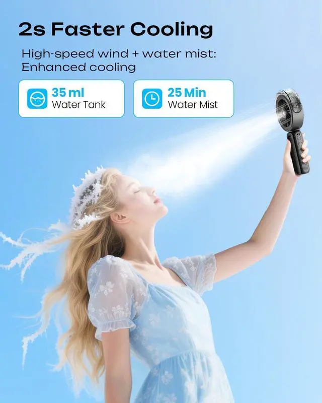 Alt view image 2 of 7 - Handheld Misting Fan Portable, Powerful High Speed, Small Personal Rechargeable Cooling Mister Fan Water Spray Mist, 4000mAh Battery Operated for Travel Indoor Outdoor Hand Desk (Black)
