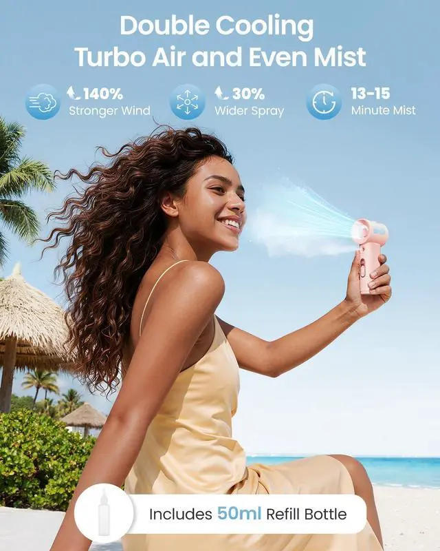 Alt view image 2 of 7 - Handheld Misting Fan Portable - 5000mAh Rechargeable Battery, Powerful Turbo Personal Mister Fans, 5 Speed, Mini Water Spray Mist Hand Fan for Travel, Outdoors, Beach Vacation (Pink)