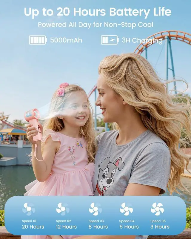 Alt view image 5 of 7 - Handheld Misting Fan Portable - 5000mAh Rechargeable Battery, Powerful Turbo Personal Mister Fans, 5 Speed, Mini Water Spray Mist Hand Fan for Travel, Outdoors, Beach Vacation (Pink)