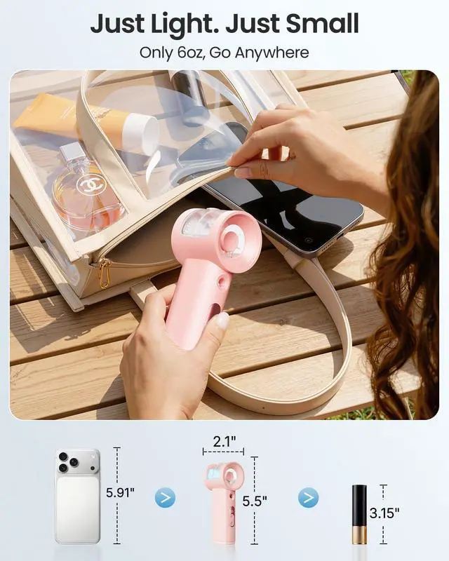 Alt view image 6 of 7 - Handheld Misting Fan Portable - 5000mAh Rechargeable Battery, Powerful Turbo Personal Mister Fans, 5 Speed, Mini Water Spray Mist Hand Fan for Travel, Outdoors, Beach Vacation (Pink)