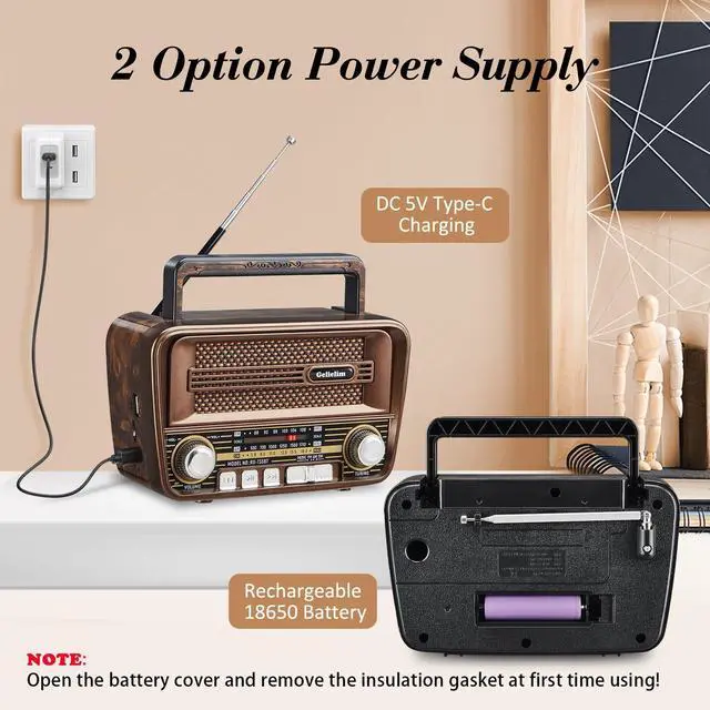 Alt view image 2 of 6 - Portable Radio AM FM, Vintage Retro Bluetooth 5.3 Speaker, Shortwave Radio Support TF Card/USB, Battery Powered, Gift for Elderly, Retro Vintage Decor for Home, Brown