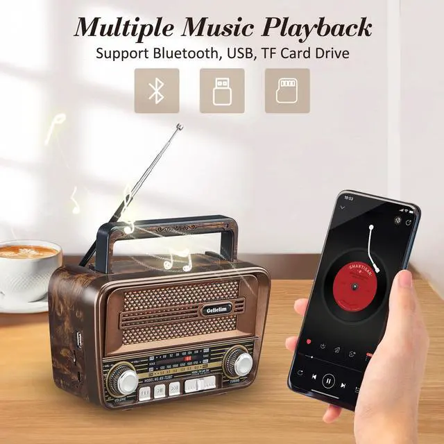 Alt view image 5 of 6 - Portable Radio AM FM, Vintage Retro Bluetooth 5.3 Speaker, Shortwave Radio Support TF Card/USB, Battery Powered, Gift for Elderly, Retro Vintage Decor for Home, Brown
