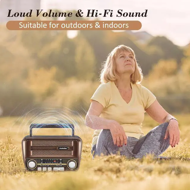 Alt view image 6 of 6 - Portable Radio AM FM, Vintage Retro Bluetooth 5.3 Speaker, Shortwave Radio Support TF Card/USB, Battery Powered, Gift for Elderly, Retro Vintage Decor for Home, Brown