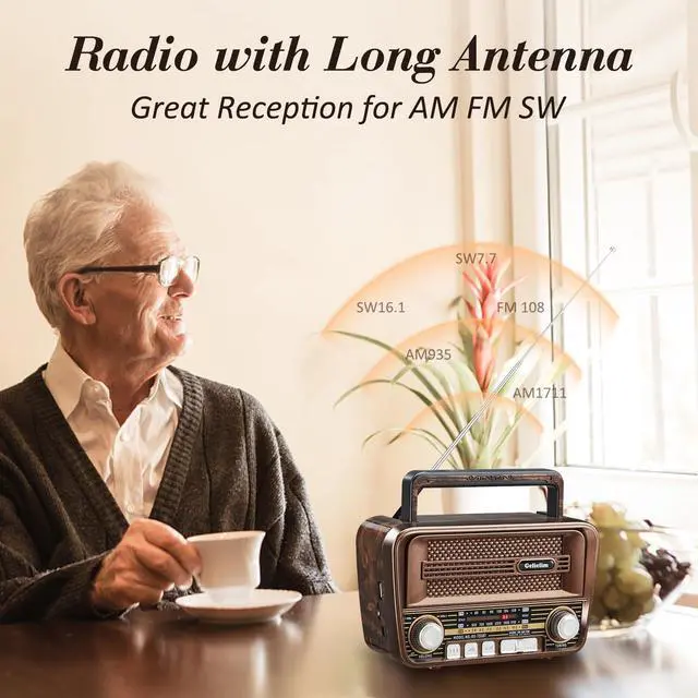 Alt view image 4 of 6 - Portable Radio AM FM, Vintage Retro Bluetooth 5.3 Speaker, Shortwave Radio Support TF Card/USB, Battery Powered, Gift for Elderly, Retro Vintage Decor for Home, Brown