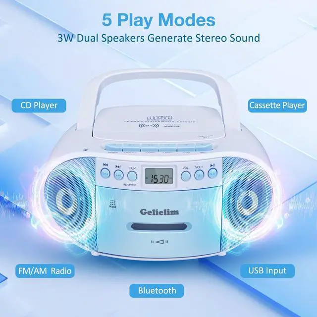 Alt view image 2 of 7 - Boombox CD and Cassette Player Combo, Boom Box Portable CD Players for Home with Bluetooth, AM FM Radio, Support Remote Control/AUX/USB/Earphone, LCD Display (Blue)