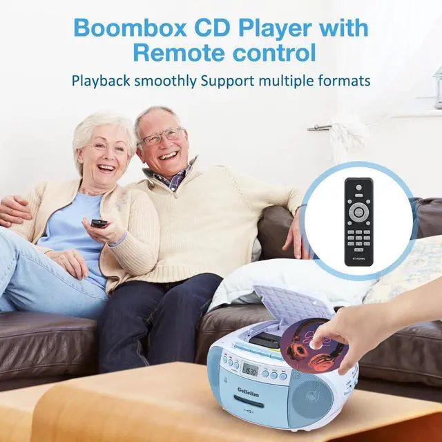 Alt view image 4 of 7 - Boombox CD and Cassette Player Combo, Boom Box Portable CD Players for Home with Bluetooth, AM FM Radio, Support Remote Control/AUX/USB/Earphone, LCD Display (Blue)