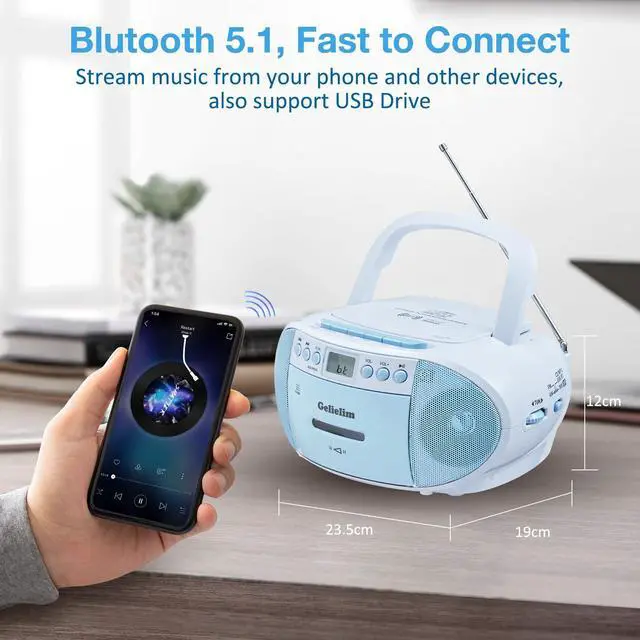 Alt view image 5 of 7 - Boombox CD and Cassette Player Combo, Boom Box Portable CD Players for Home with Bluetooth, AM FM Radio, Support Remote Control/AUX/USB/Earphone, LCD Display (Blue)