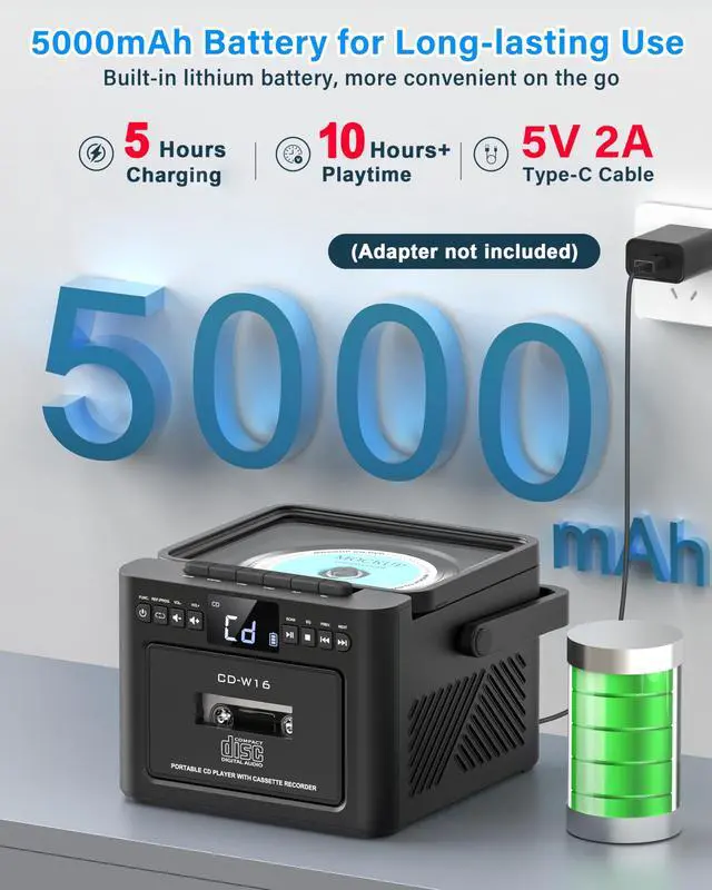 Alt view image 3 of 7 - Boombox CD and Cassette Player Combo, 5000mAh Rechargable CD Player Boombox with Bluetooth Receive/Transmit/FM Radio/USB/TF/AUX/Remote Control, Boom Box Cassette Player for Home Outdoor