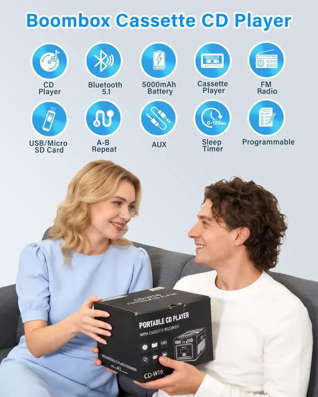 Alt view image 5 of 7 - Boombox CD and Cassette Player Combo, 5000mAh Rechargable CD Player Boombox with Bluetooth Receive/Transmit/FM Radio/USB/TF/AUX/Remote Control, Boom Box Cassette Player for Home Outdoor